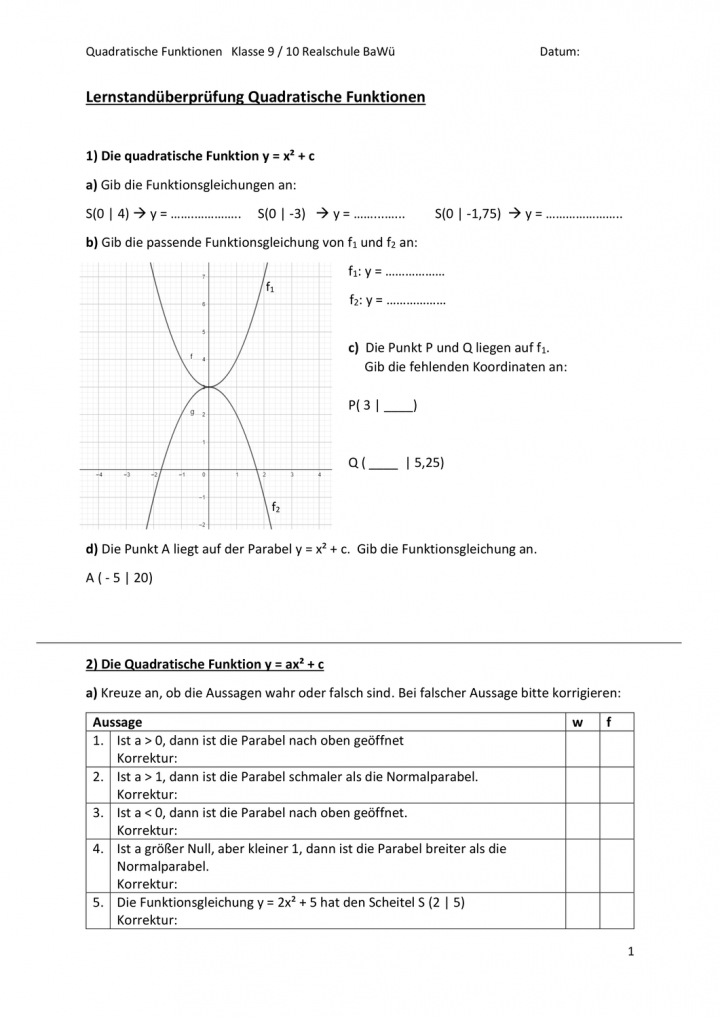 quadratische funktionen arbeitsblatt antworttaste