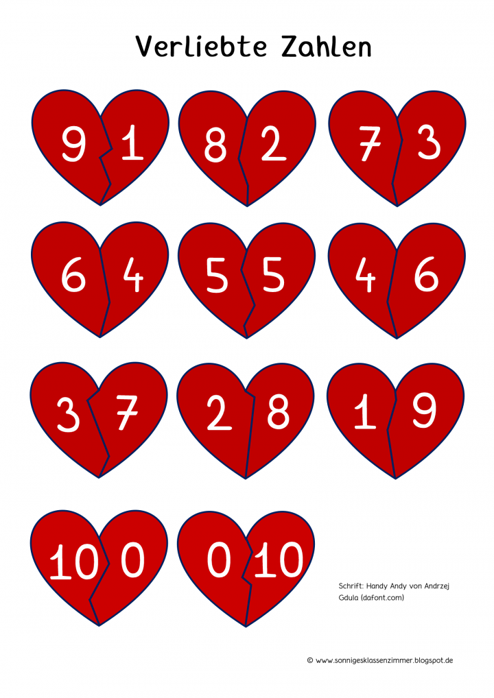 arbeitsblatt verliebte zahlen