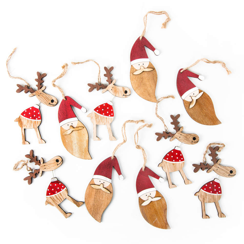 10 Stück Rot Weiße Weihnachtsdeko: 5 Rentiere (12 Cm) + 5 Nikolaus Santa  (11 Cm) Weihnachts-Anhänger bestimmt für Nikolaus Rentiere