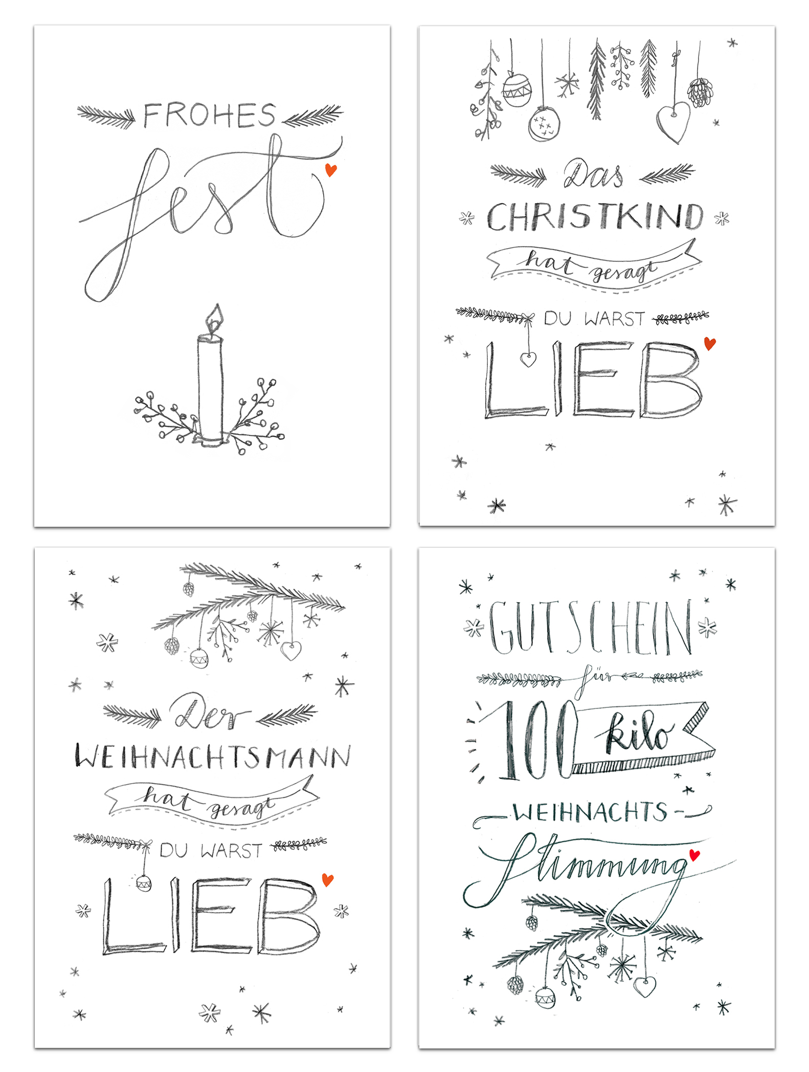 12 Weihnachtskarten Mit 4 Motiven Im Handlettering Design für Schöne Sprüche Für Selbstgemachten Kalender