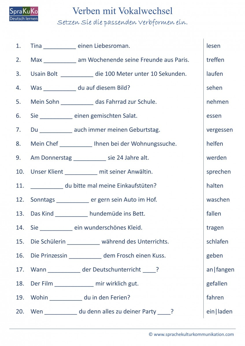Arbeitsblatt/ Übung Zu Verben Mit Vokalwechsel | Deutsch ganzes Deutsch Lernen Für Kinder Arbeitsblätter
