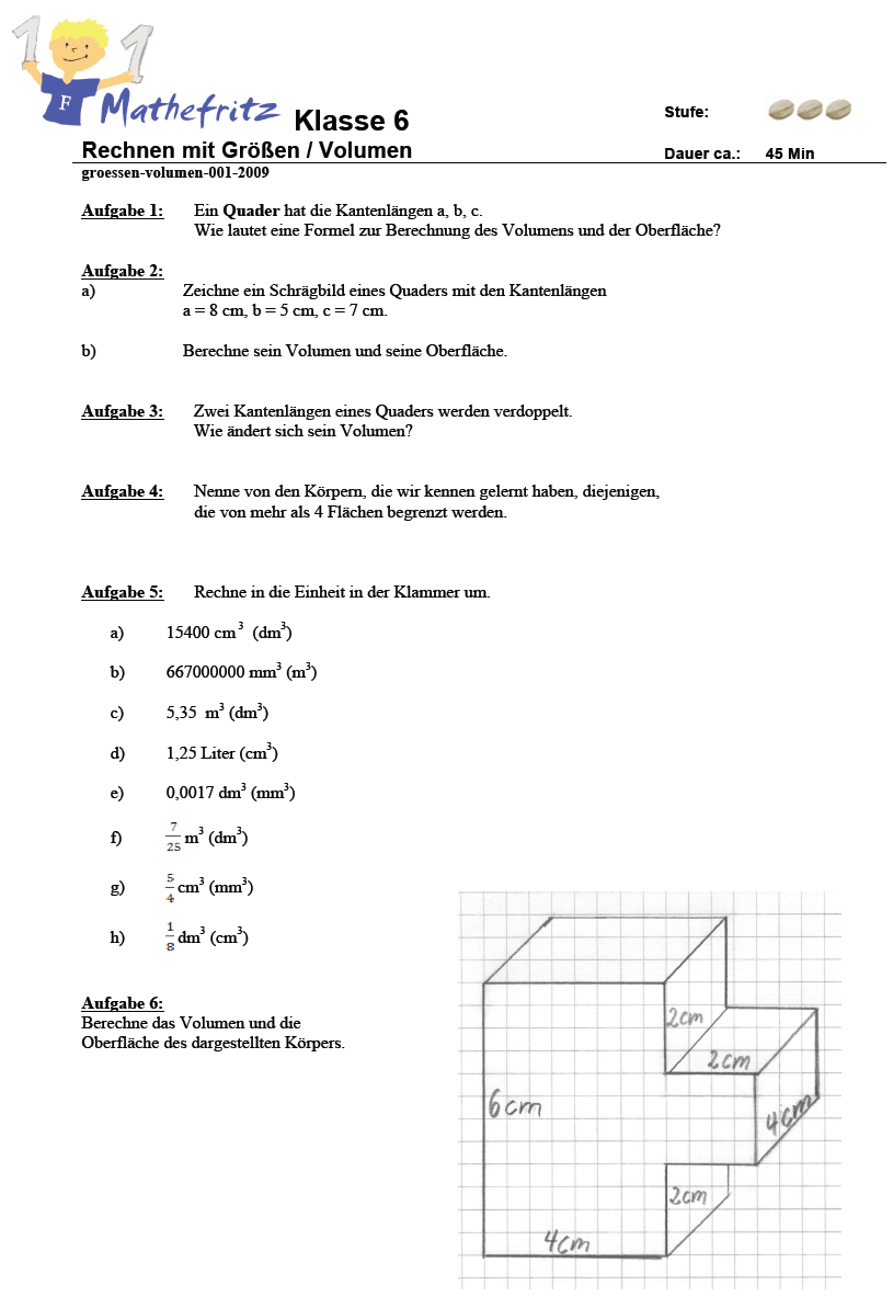 Aufgaben Volumen Quader Wüerfel: Matheaufgaben Klasse 6 mit Mathe 6 Klasse Gymnasium Arbeitsblätter