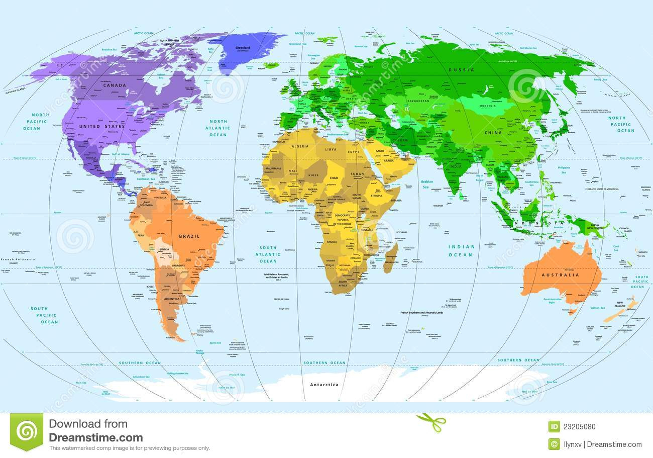 Ausführliche Weltkarte Vektor Abbildung. Illustration Von über Weltkarte Kontinente Länder
