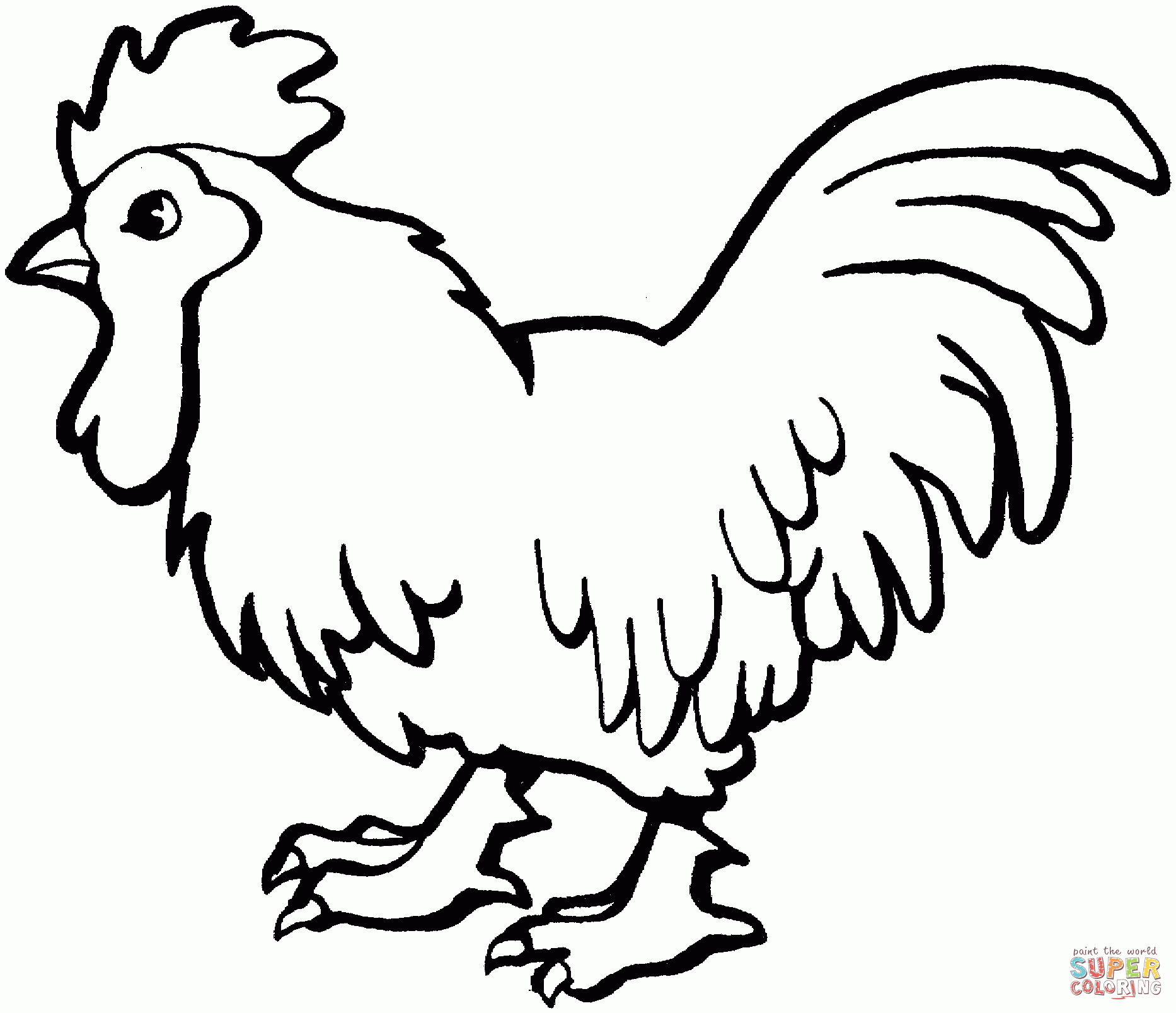 Ausmalbild: Schreitender Gockel. Kategorien: Hühner innen Hühner Ausmalbilder