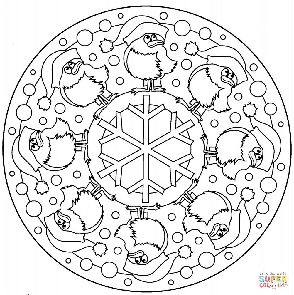 Ausmalbild: Weihnachts Mandala Mit Vögeln Und Schneeflocken bestimmt für Weihnachts Mandalas Zum Ausdrucken Kostenlos