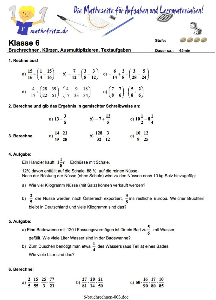 Bruchrechnen Klasse 6 Gymnasium [Klassenarbeit + Lösungen für Mathe 6 Klasse Gymnasium Arbeitsblätter