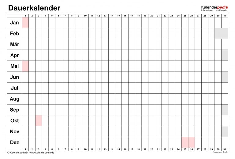 Dauerkalender / Immerwährender Kalender Für Excel Zum Ausdrucken mit