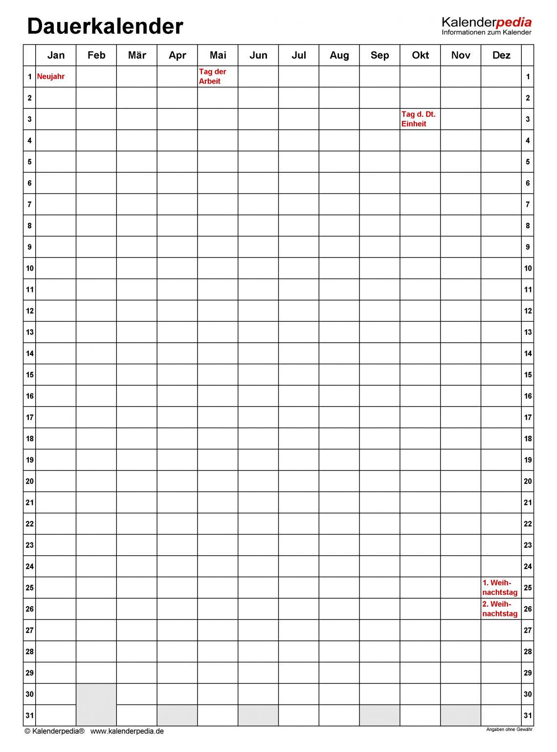 Dauerkalender / Immerwährender Kalender Für Pdf Zum Ausdrucken bei Ewiger Kalender Kostenlos 