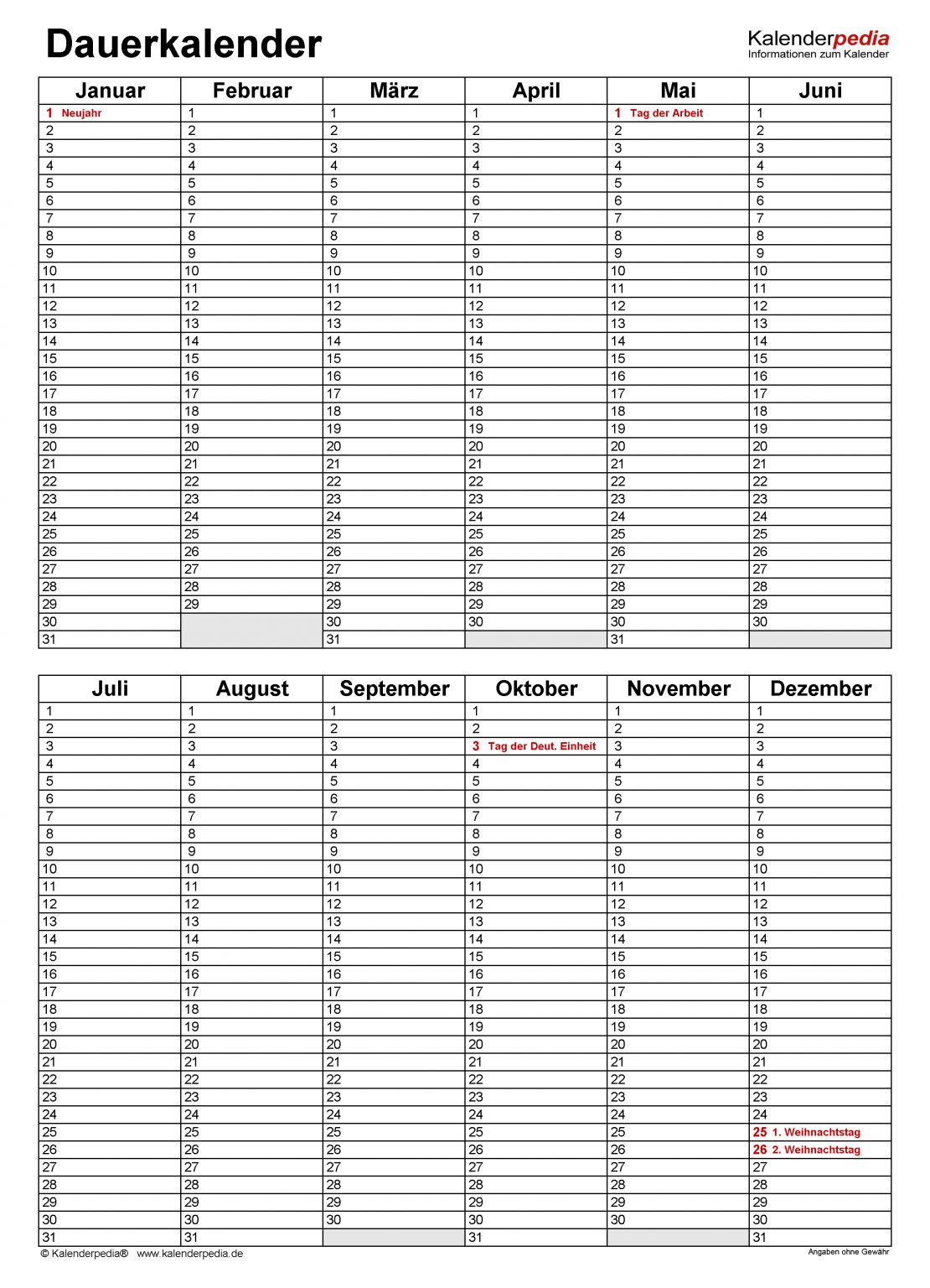 Dauerkalender / Immerwährender Kalender Für Pdf Zum Ausdrucken bei