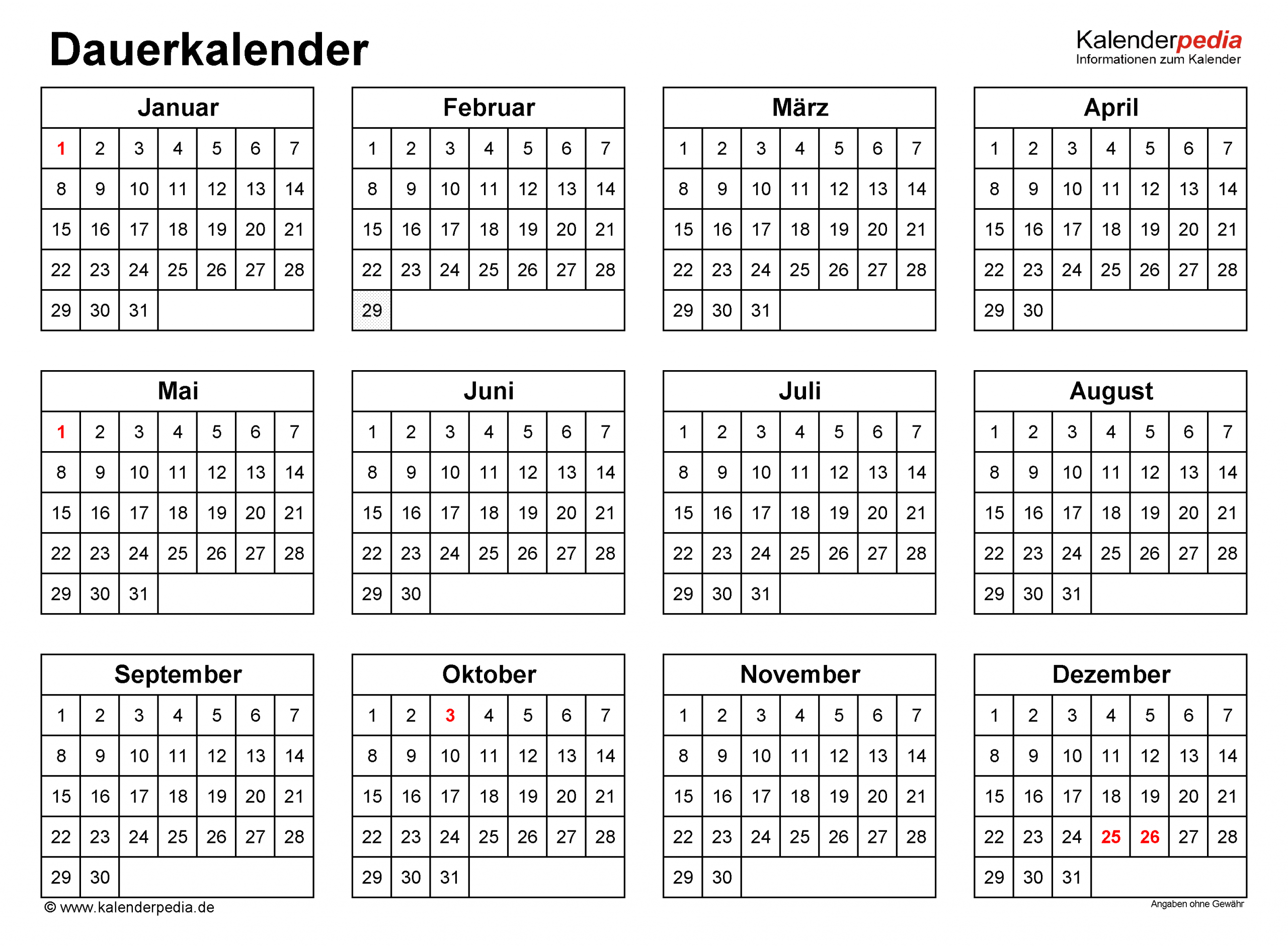 Dauerkalender / Immerwährender Kalender Für Pdf Zum Ausdrucken ganzes Immerwährender Kalender Vorlage