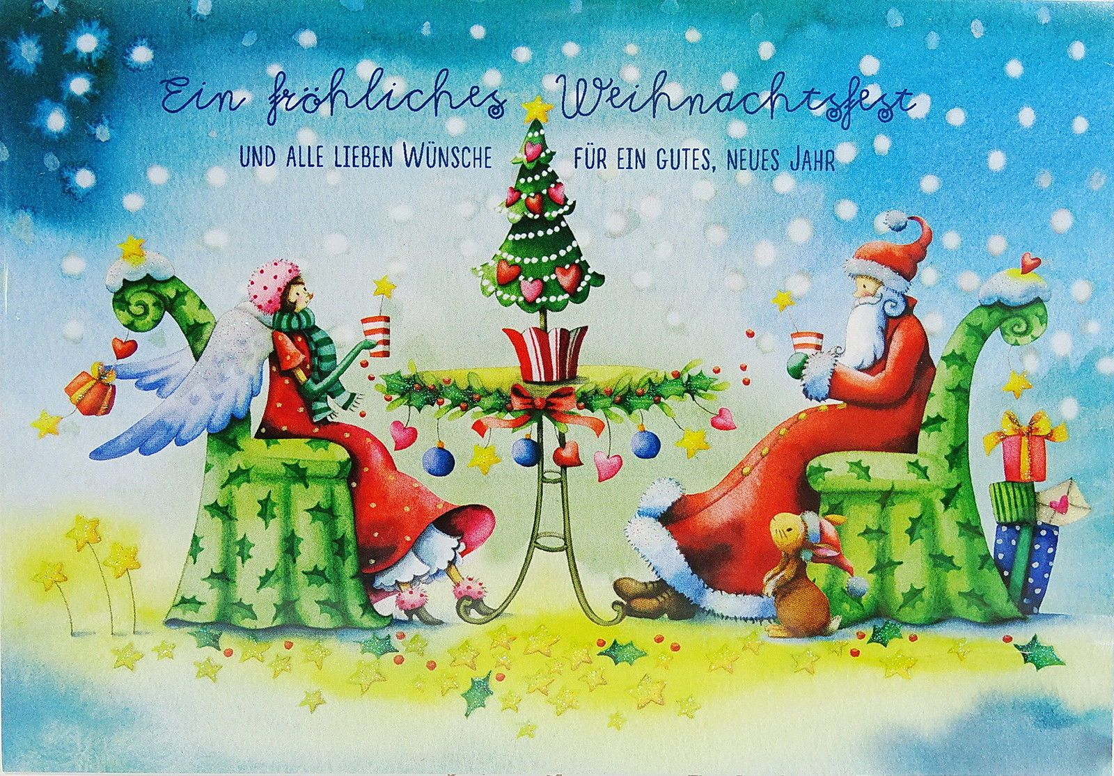 Details Zu Nina Chen*weihnachtskarte&quot;engel Und Santa Trinken mit Kostenlose Grußkarten Weihnachten Weihnachtskarten