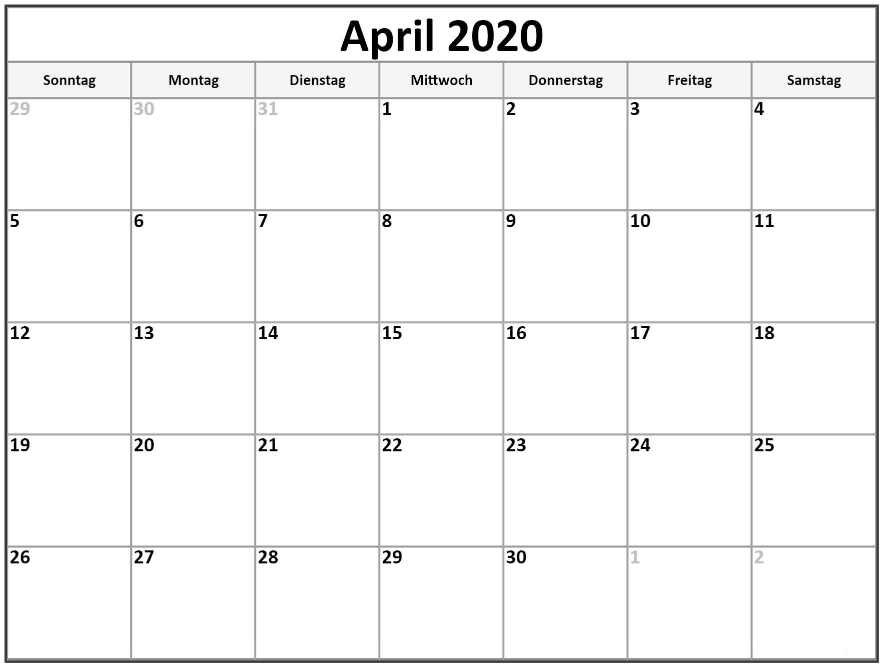 Druckbare April 2020 Kalender Vorlage Zum Ausdrucken [Pdf bestimmt für Kalenderblatt Monat