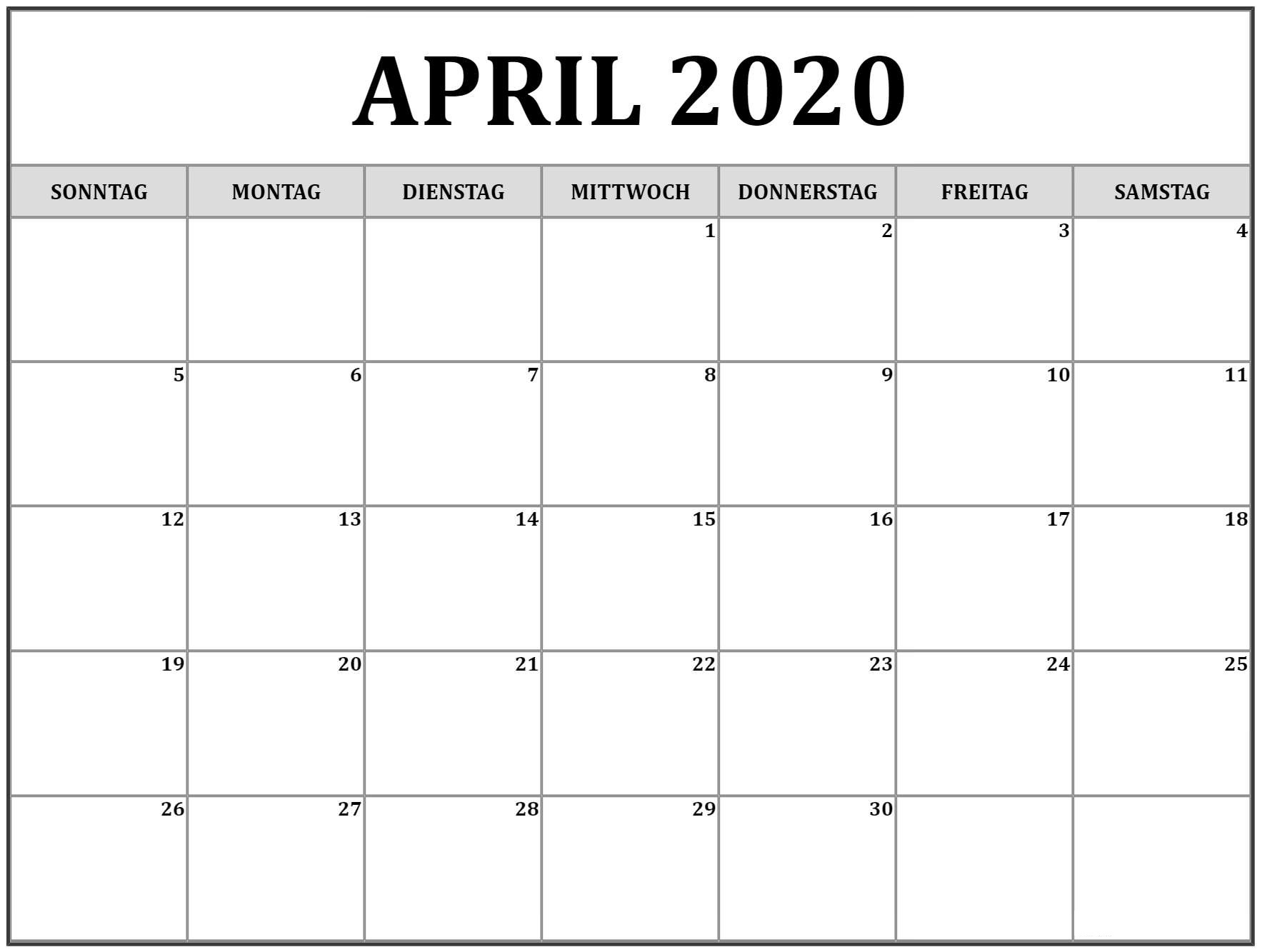 Druckbare April 2020 Kalender Vorlage Zum Ausdrucken [Pdf verwandt mit Kalenderblatt Monat