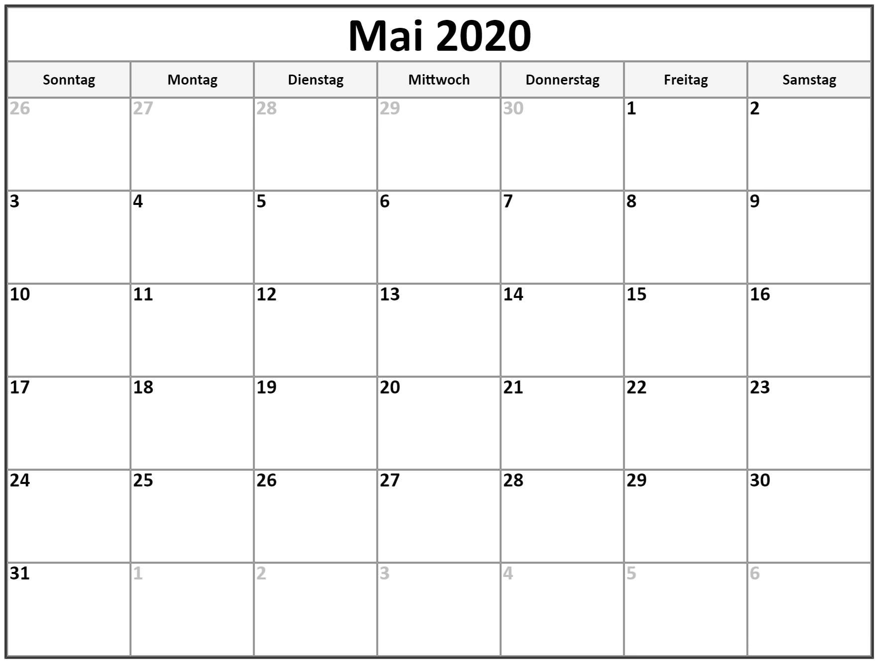 Druckbare Mai 2020 Kalender Zum Ausdrucken [Pdf, Excel, Word bei Kalenderseiten Zum Ausdrucken