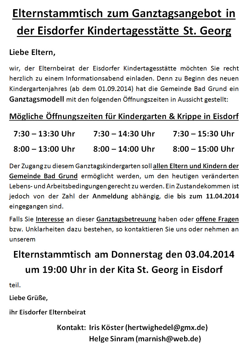 Eisdorf - Nachrichten über Elternstammtisch Grundschule Einladung