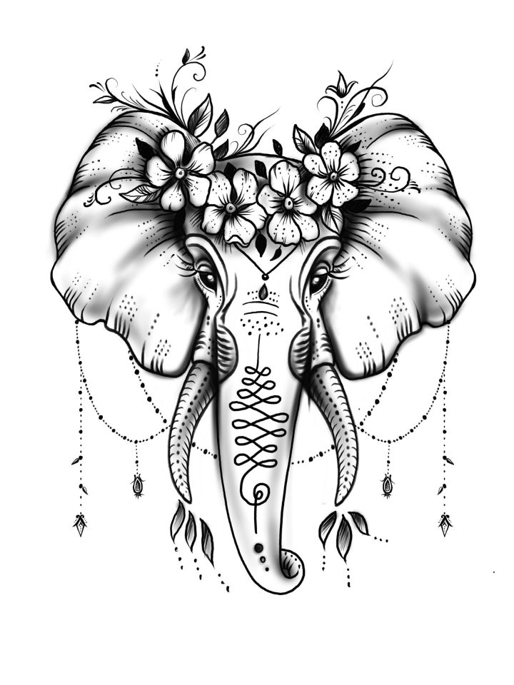 Elefant Tattoo Tattoovorlage Design Grafik Schwarz/grau bestimmt für Zeichnungen Vorlagen Elefanten