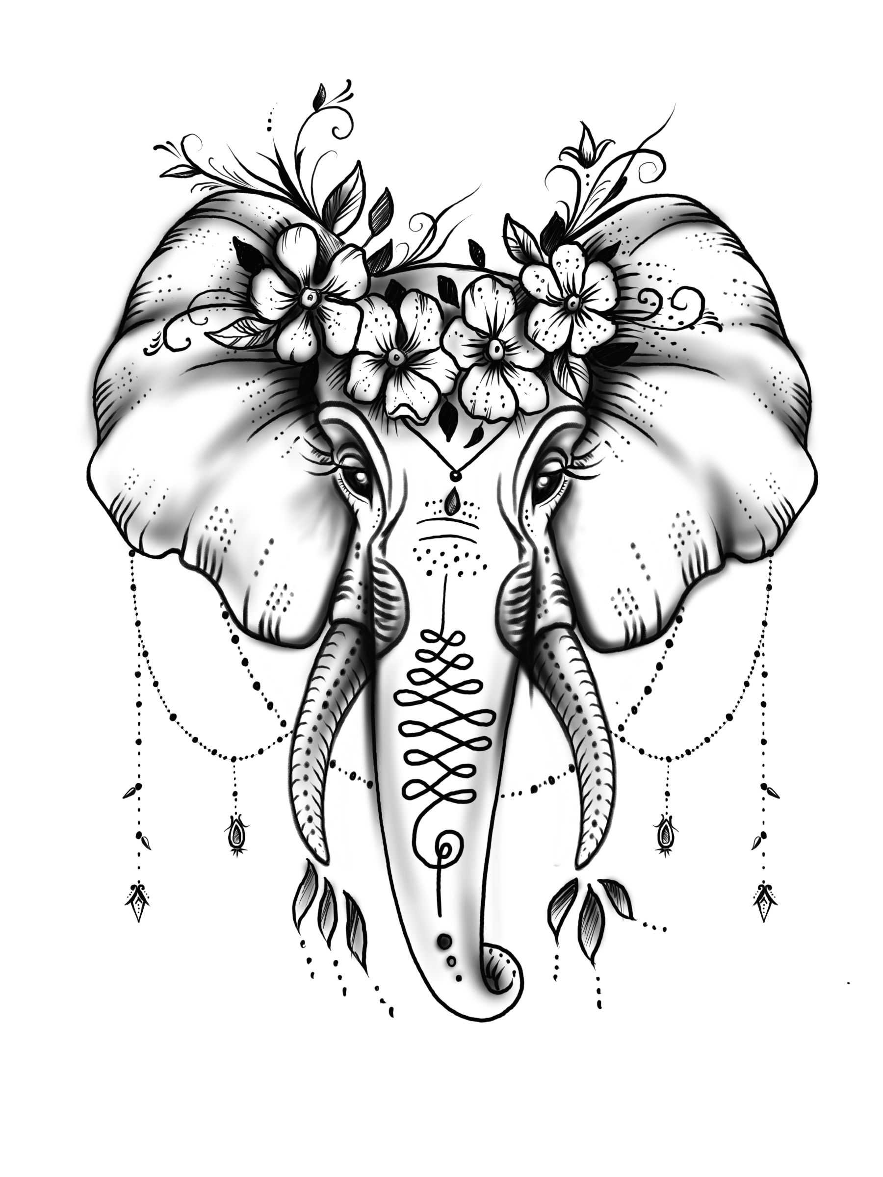Elefant Tattoo Tattoovorlage Design Grafik Schwarz/grau bestimmt für Zeichnungen Vorlagen Elefanten