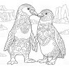 Emperor Penguins Couple In Love. Freehand Sketch For Adult ganzes Pinguin Mandala