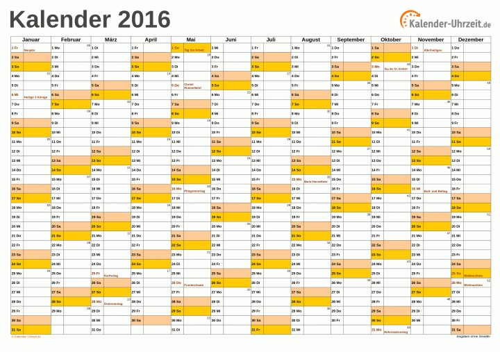 Excel-Kalender 2016 - Kostenlos bei Jahreskalender 2016 Zum Ausdrucken