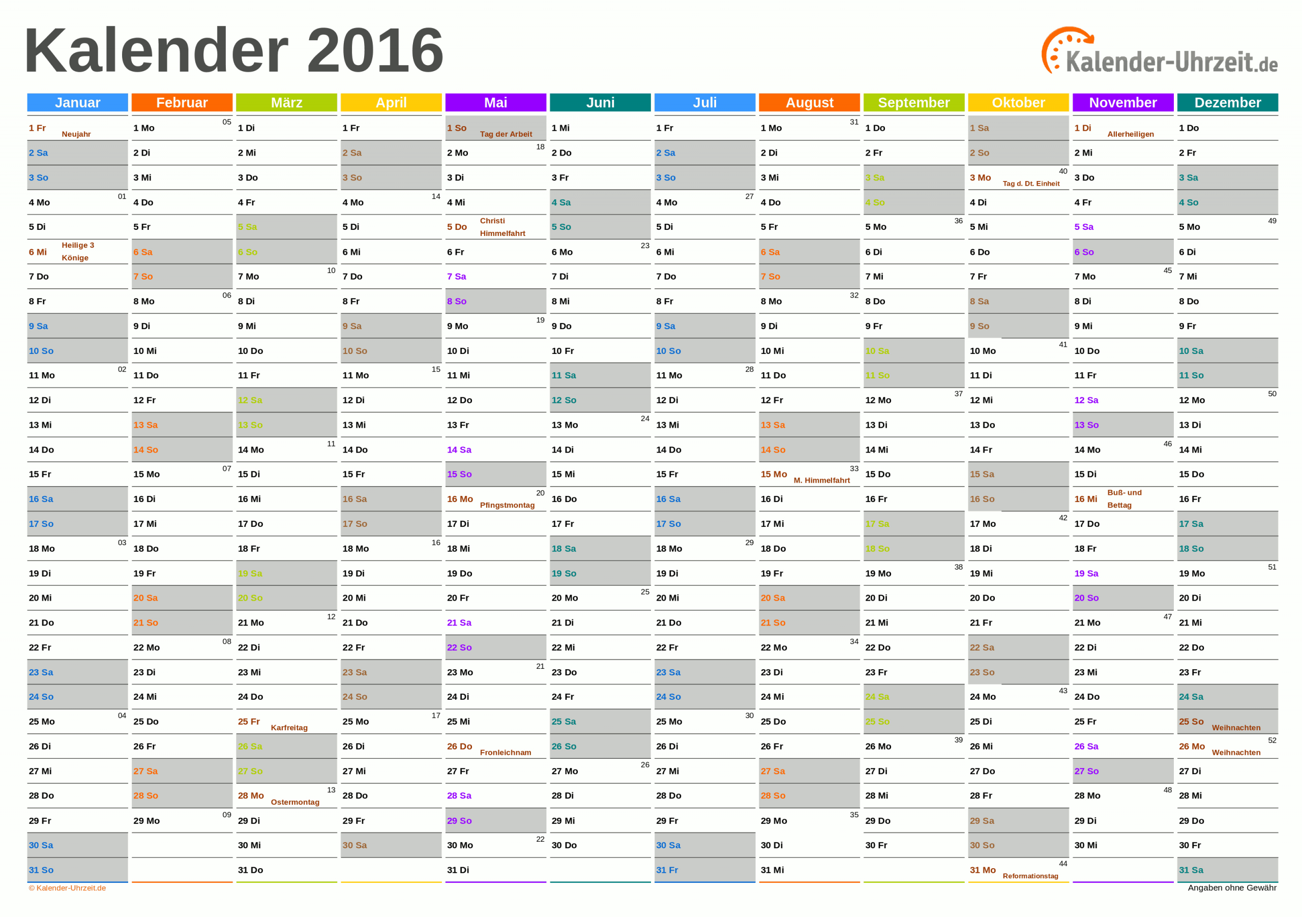 Excel-Kalender 2016 - Kostenlos in Kalender 2016 Zum Ausdrucken