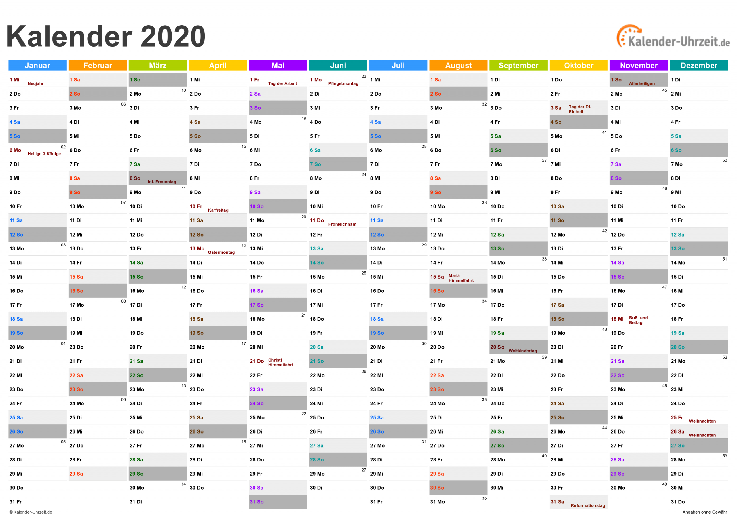 Excel-Kalender 2020 - Kostenlos für Vorlage Jahreskalender