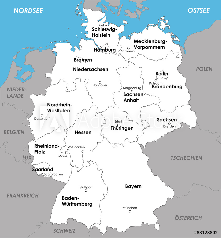 Foto Auf Acrylglas Deutschland Karte Bundesländer bestimmt für Deutschland Bundesländer Landeshauptstädte