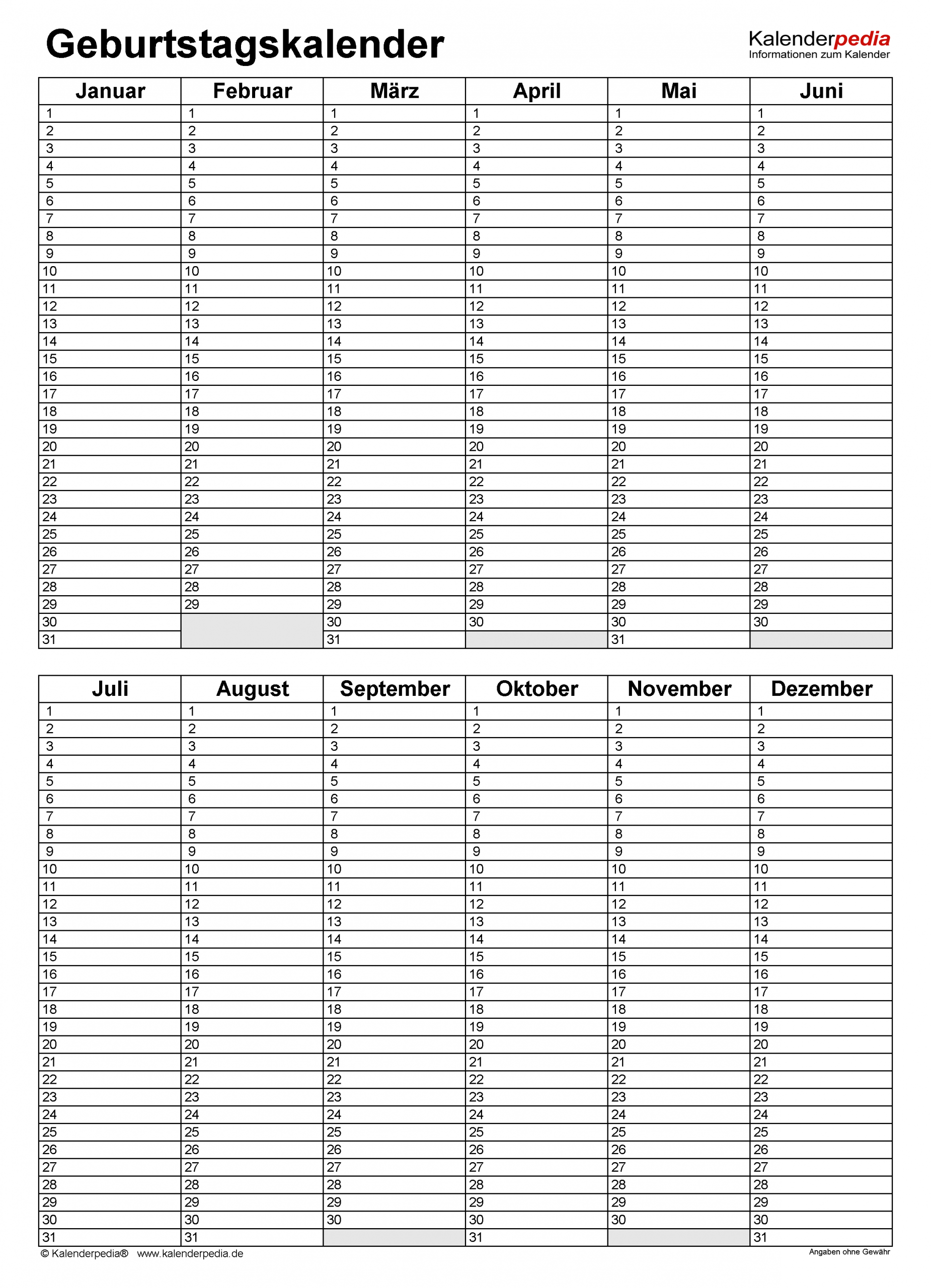 Geburtstagskalender In Excel Zum Ausdrucken (10 Varianten) innen Geburtstagskalender Vorlage