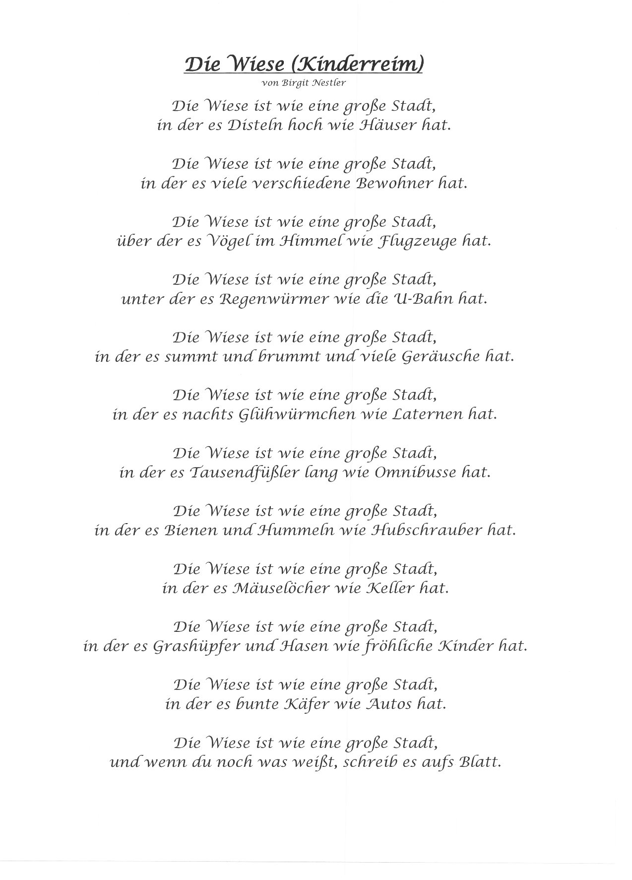 Gedicht Die Wiese (Kinderreim) Von Birgit Nestler Bei E bestimmt für Gedichte Für Eltern Von Kindern