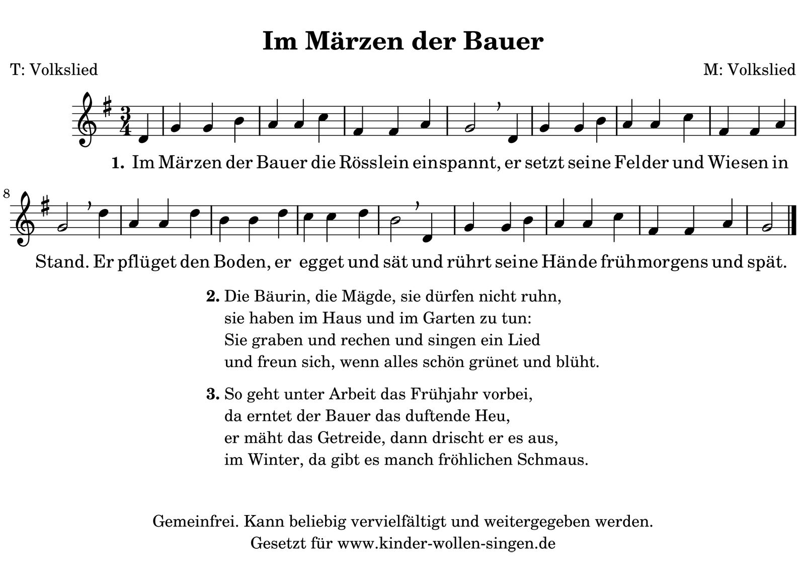 Im Märzen Der Bauer | Kostenlose Liedersammlung Mit ganzes Die Schönsten Kinderlieder Texte