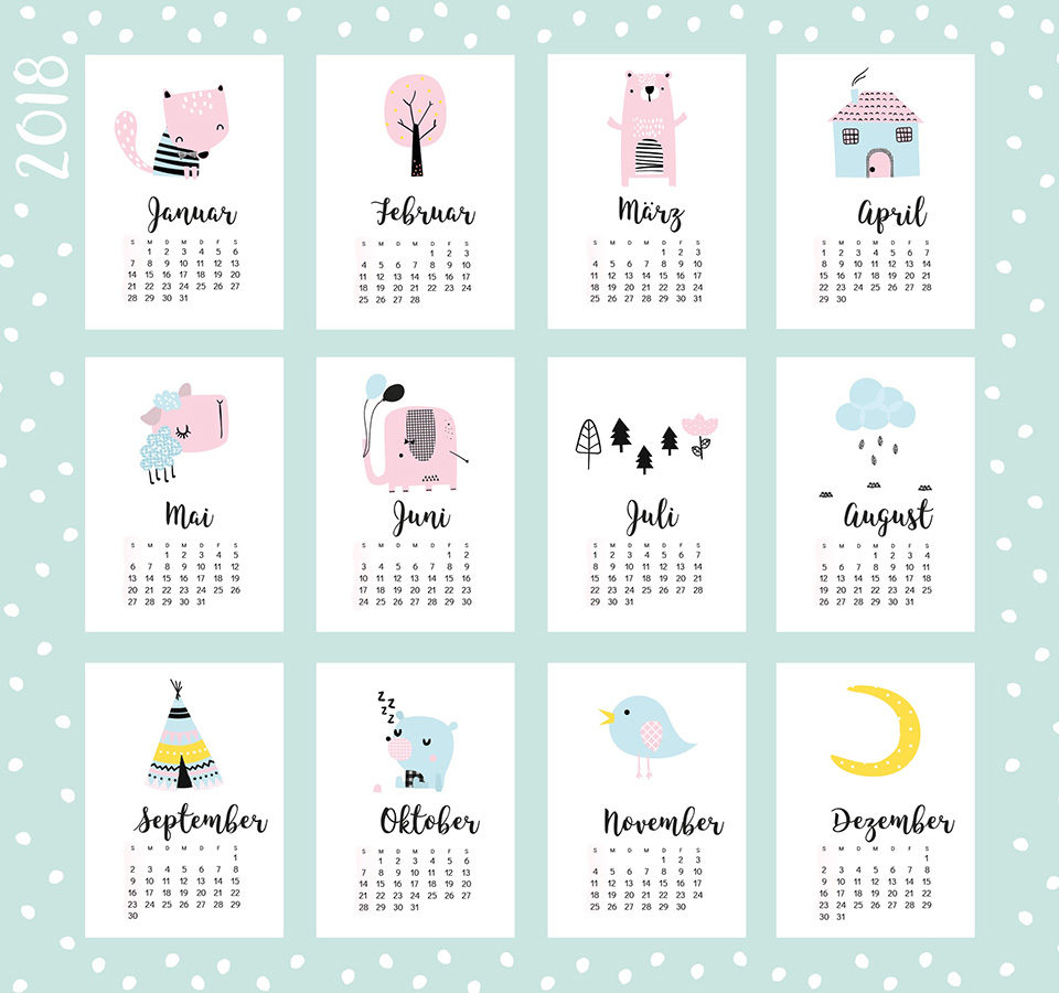 Jahres Kalender Zum Ausdrucken - Mit Niedlichen Motiven bestimmt für Kalenderseiten Zum Ausdrucken