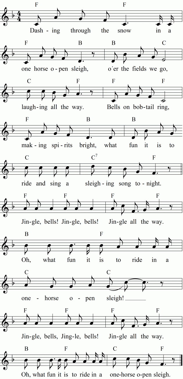 Jingle Bells (Dashing Thro' The Snow) - Noten, Liedtext über Weihnachtslieder Noten Zum Ausdrucken