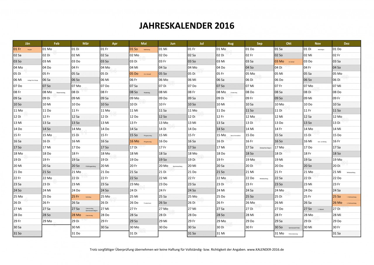 Kalender 2016 Zum Ausdrucken ✓ Pdf-Vorlagen ganzes Kalender 2016 Zum Ausdrucken Kostenlos