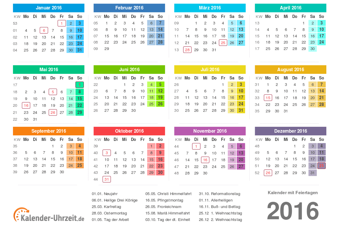 Kalender 2016 Zum Ausdrucken - Kostenlos innen Kalender 2016 Zum Ausdrucken