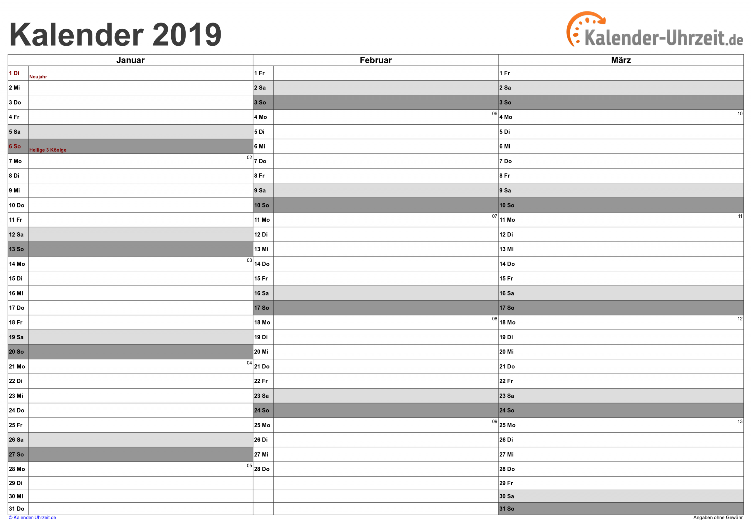 Kalender 2019 Zum Ausdrucken - Kostenlos ganzes Kalenderblatt Monat