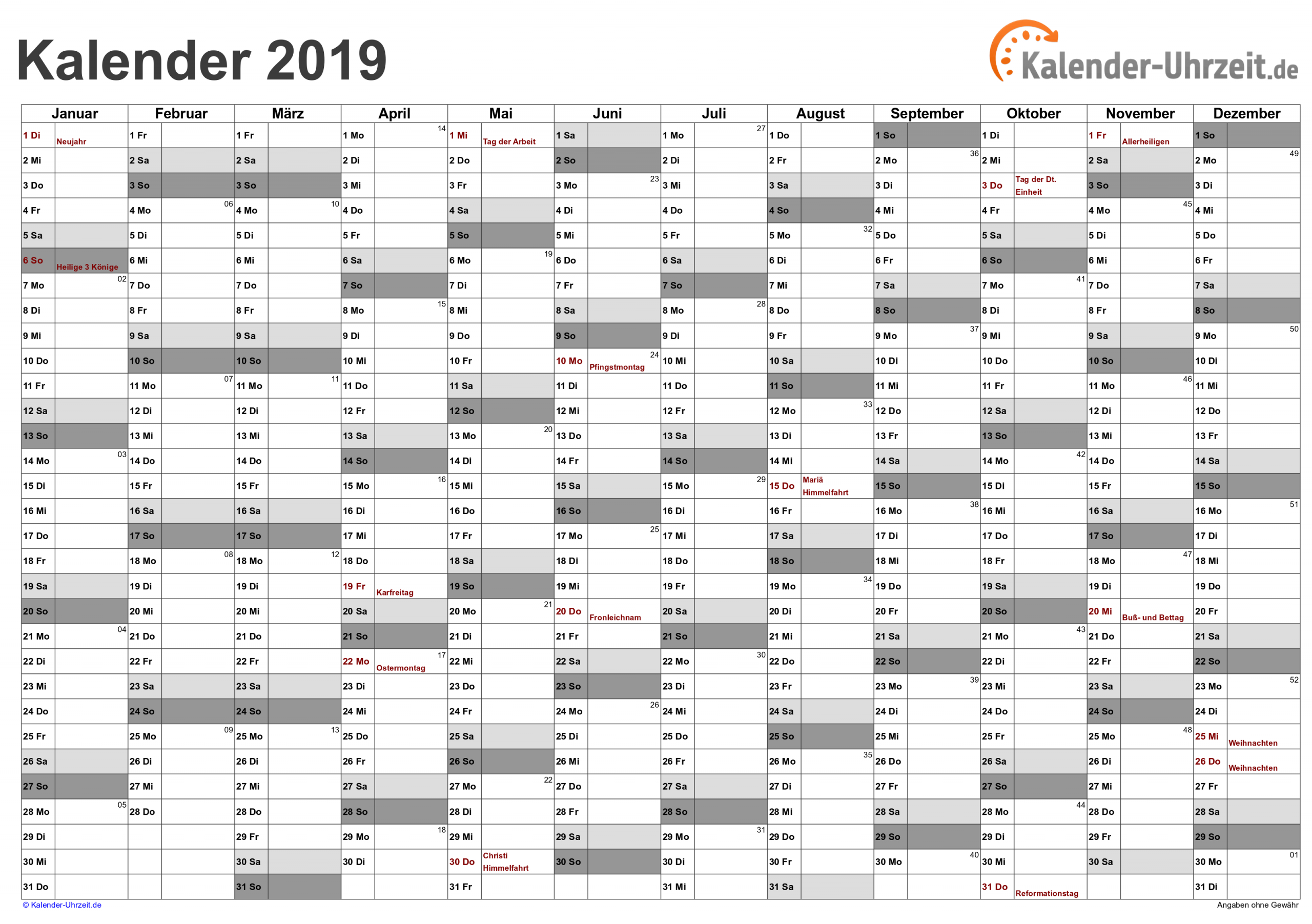 Kalender 2019 Zum Ausdrucken - Kostenlos innen Jahreskalender Zum Ausdrucken