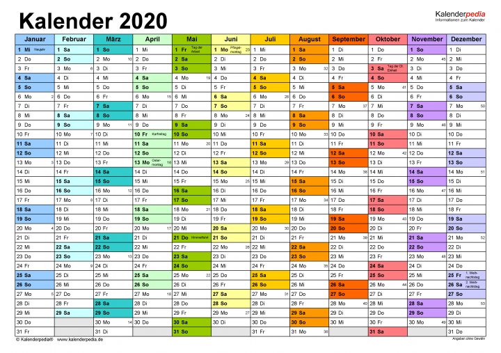 Kalender 2020 Zum Ausdrucken Als Pdf (17 Vorlagen, Kostenlos) in Kostenlose Kalender Zum Ausdrucken