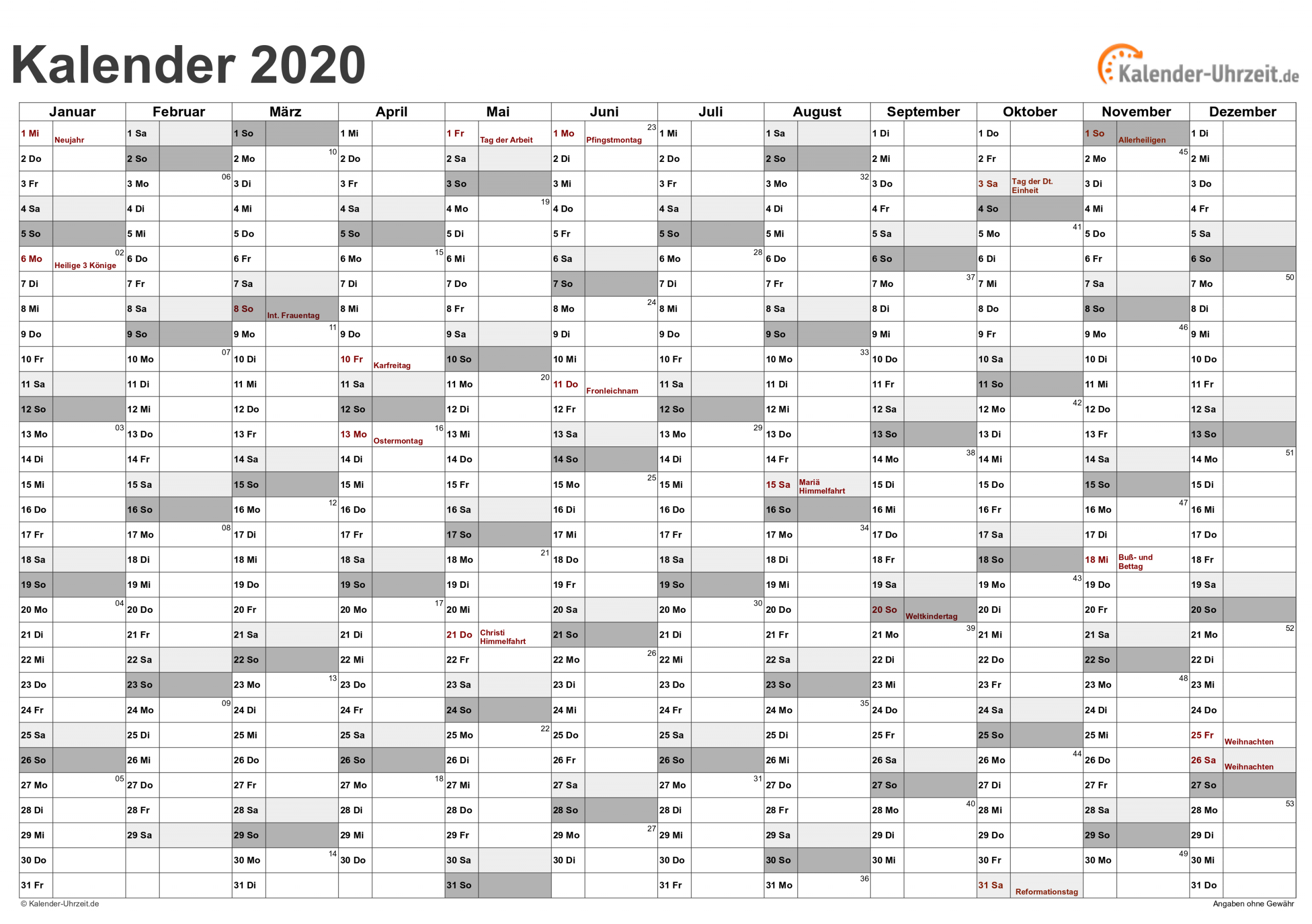 Kalender 2020 Zum Ausdrucken - Kostenlos in Jahreskalender Zum Ausdrucken