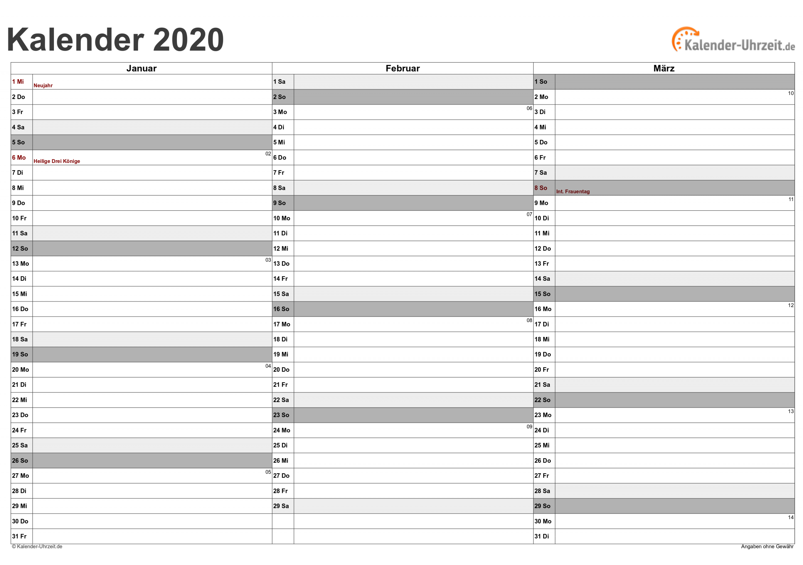 Kalender 2020 Zum Ausdrucken - Kostenlos in Quartalskalender Zum Ausdrucken