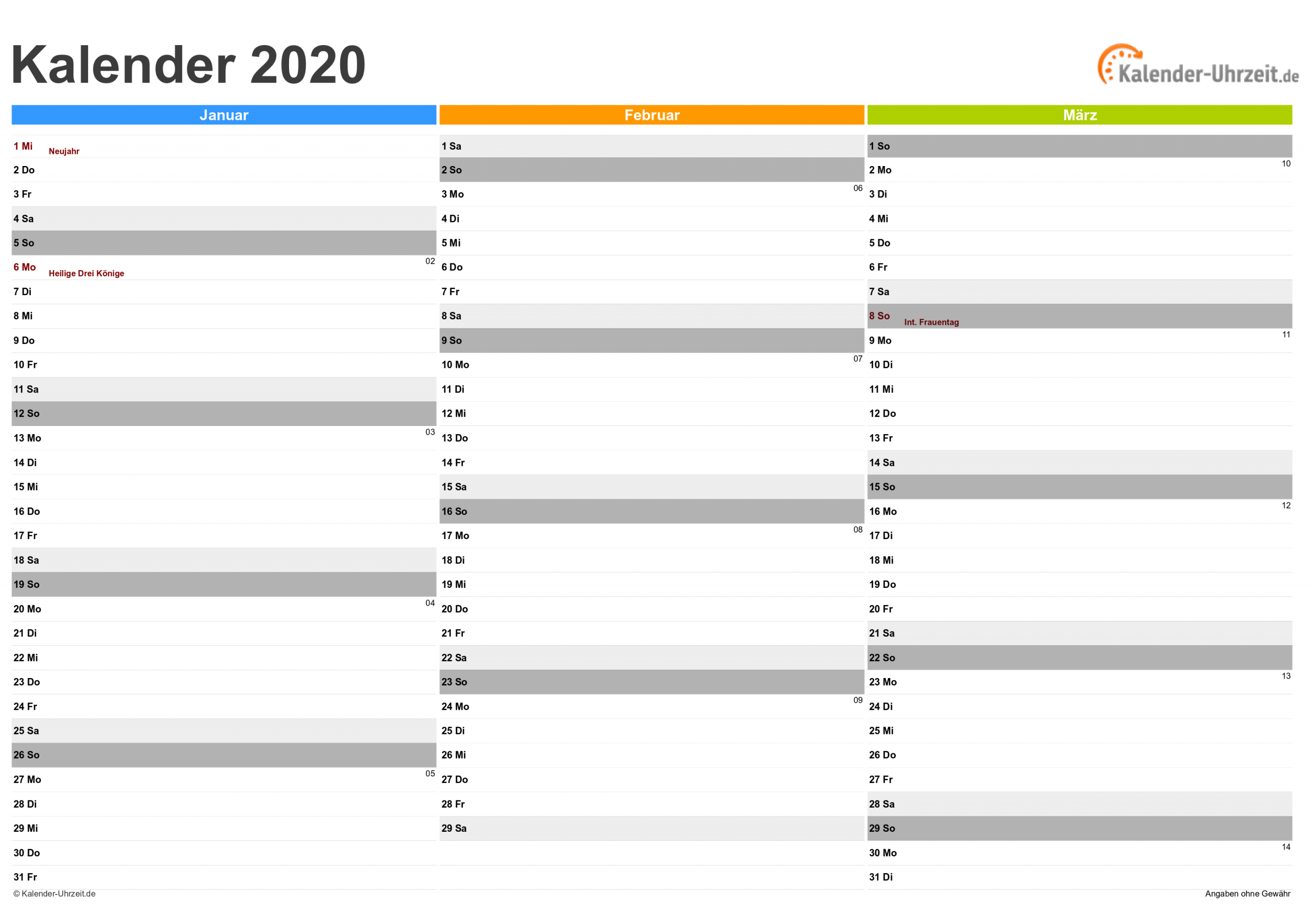 Kalender 2020 Zum Ausdrucken - Kostenlos über Quartalskalender Zum Ausdrucken