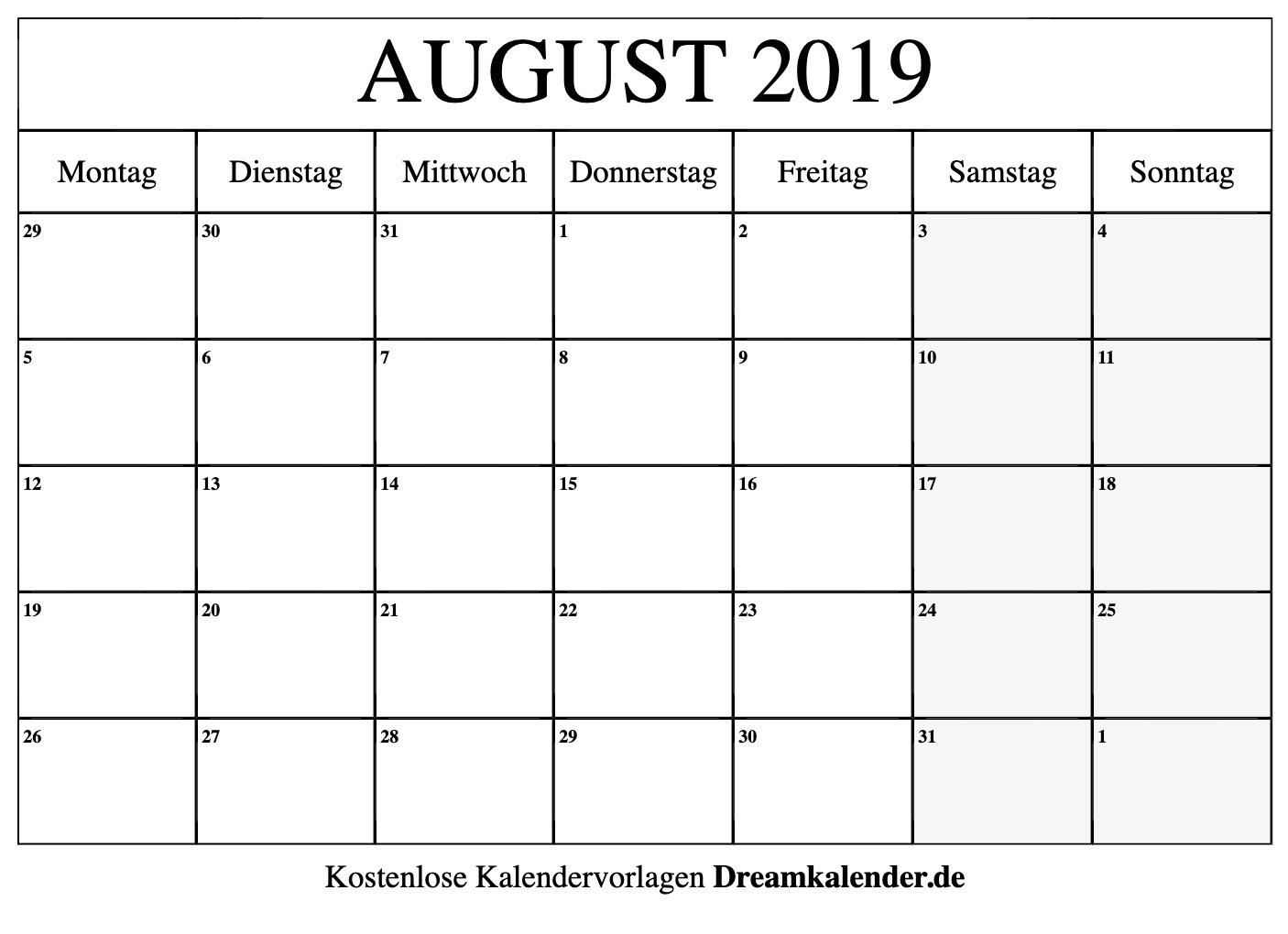 Kalender August 2019 ganzes Monatskalender Zum Ausdrucken Kostenlos