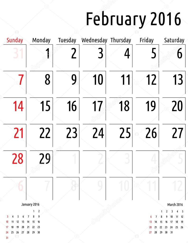 Kalender Februar 2016. Planung Kalendervorlage Vektor bestimmt für Kalendervorlage 2016