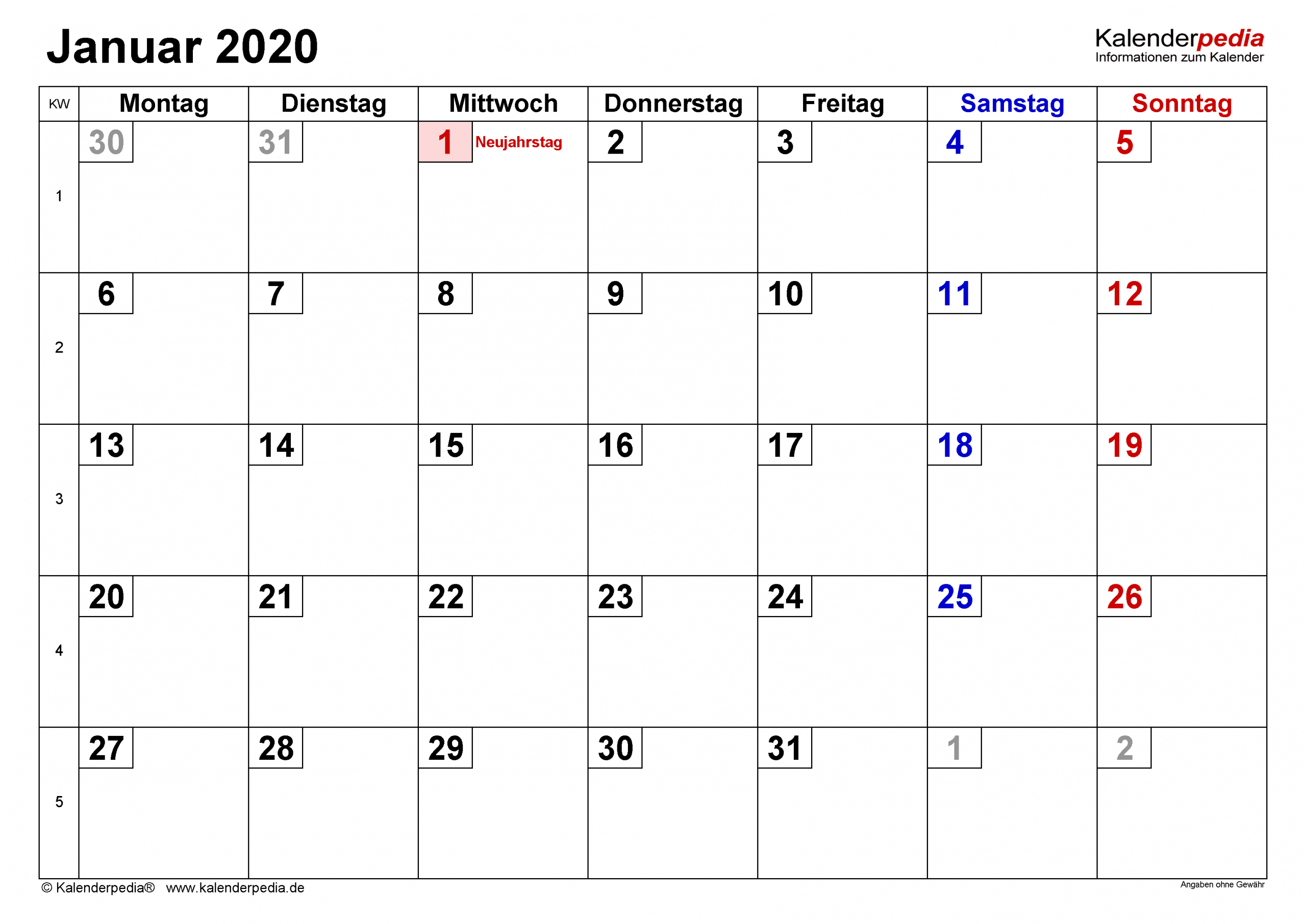 Kalender Januar 2020 Als Pdf-Vorlagen in Kalenderblatt Monat