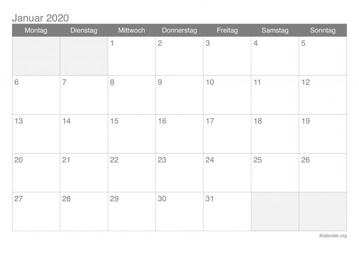 Kalender Januar 2020 Zum Ausdrucken - Ikalender bei Kalenderblatt Monat