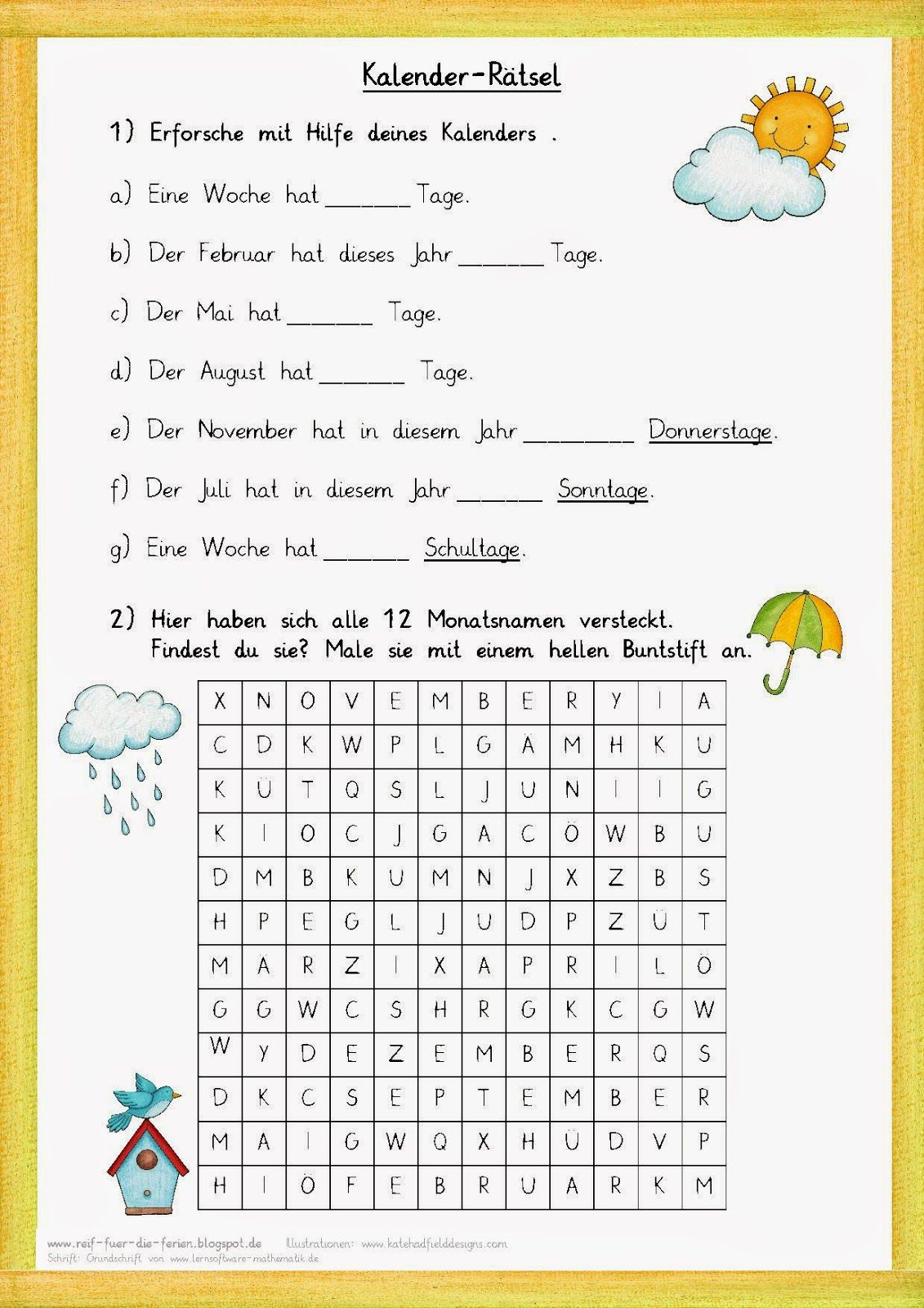 Kalender-Rätsel Zum Jahr (Mit Bildern) | Arbeitsblätter für Kinderrätsel Zum Ausdrucken Grundschule