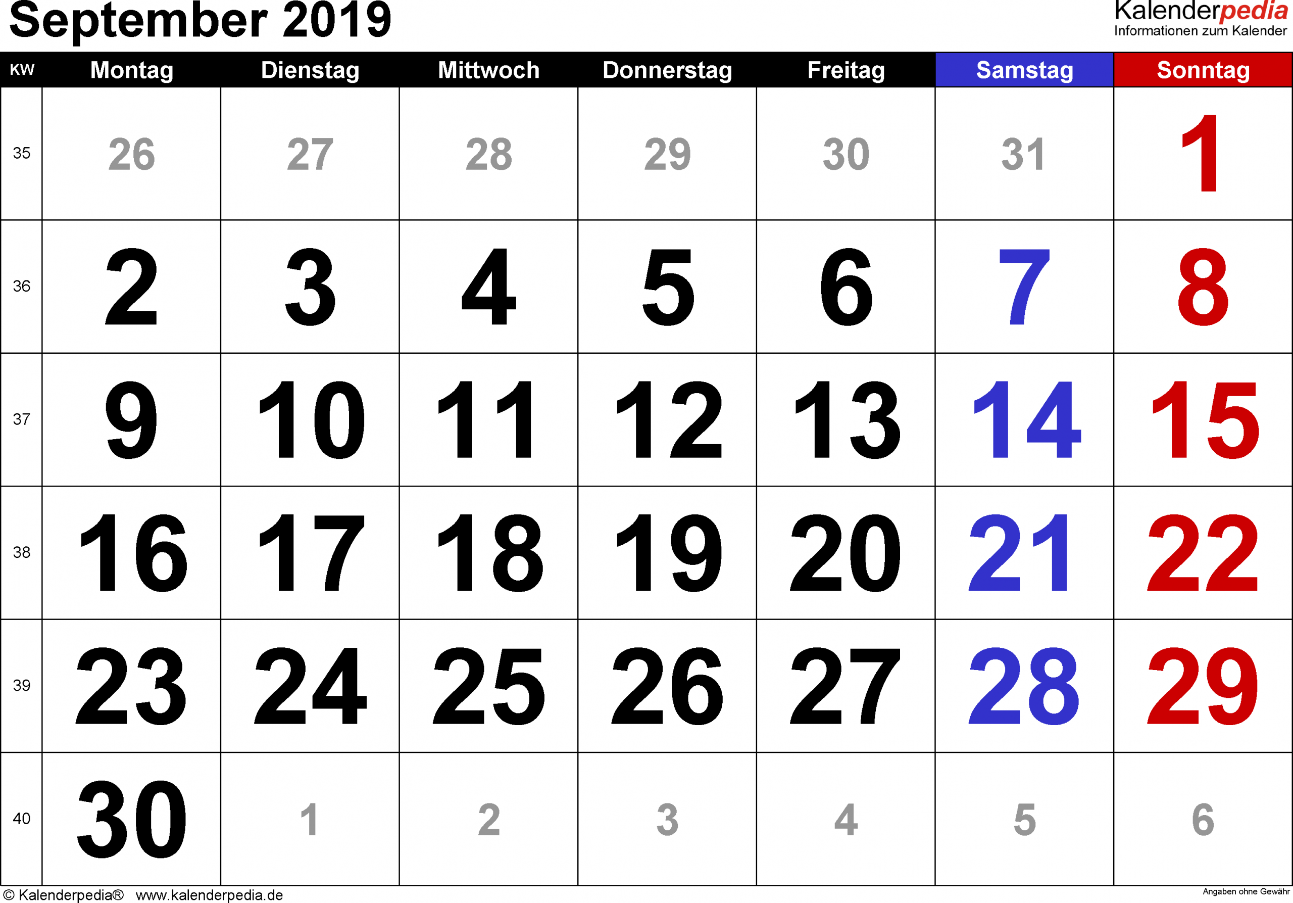 Kalender September 2019 Als Pdf-Vorlagen ganzes Kalenderblatt Monat