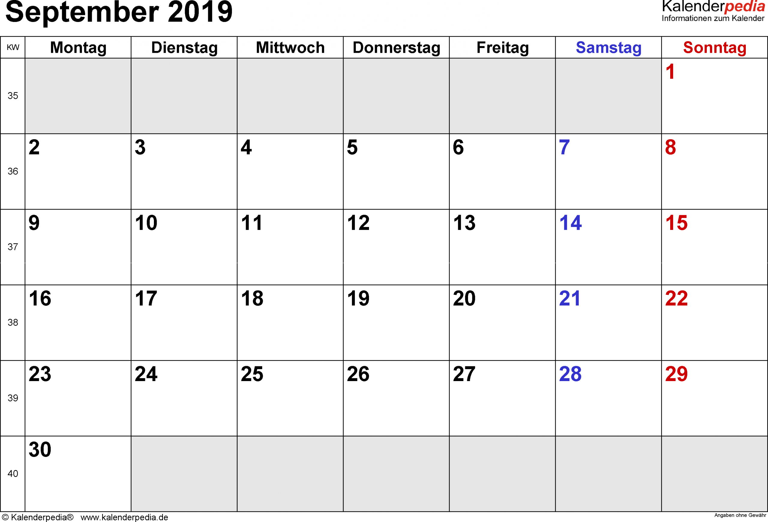 Kalender September 2019 Als Pdf-Vorlagen innen Kalenderblatt Monat