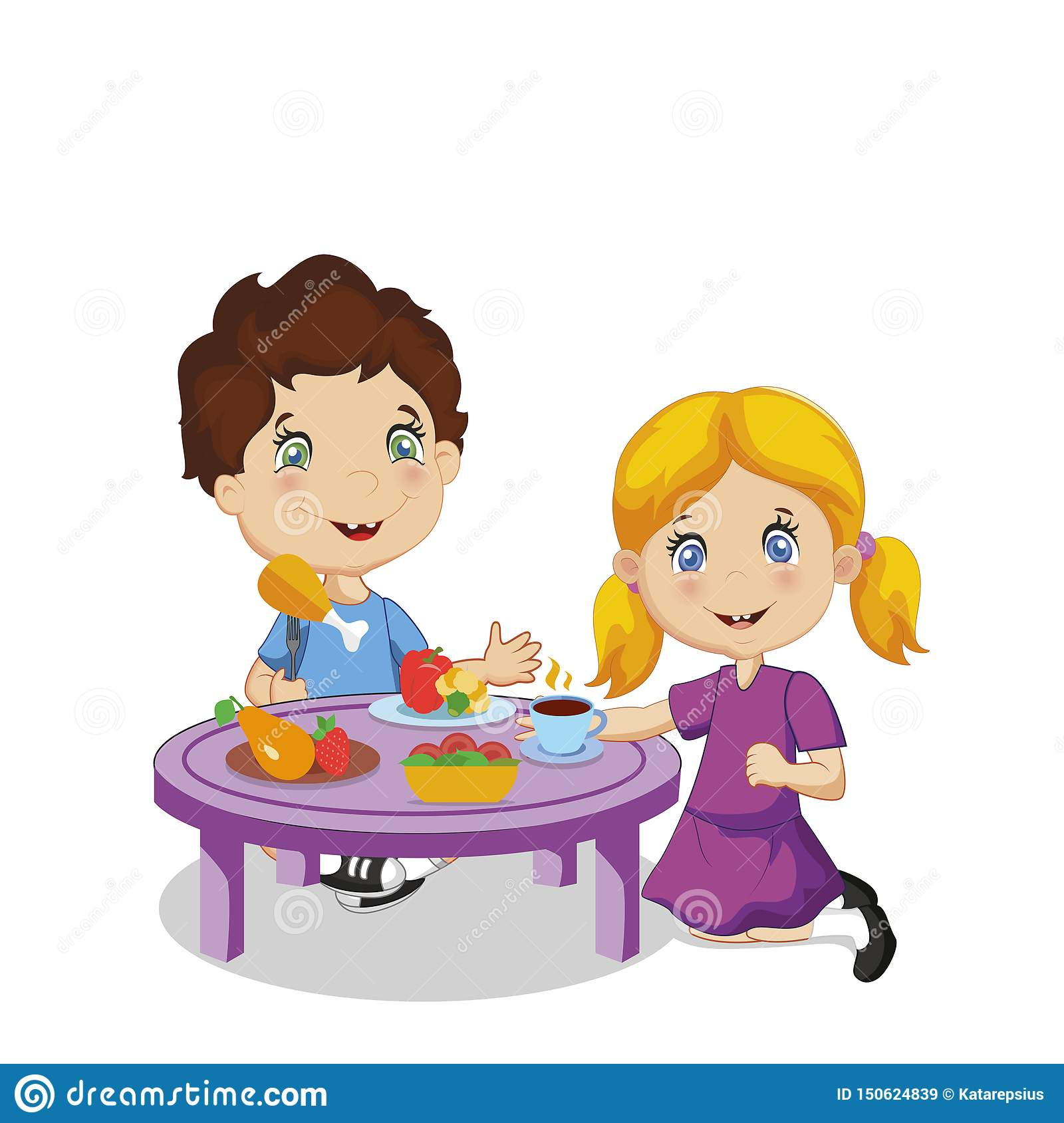 Kinderessen Karikatur-Junge Und Mädchen, Die Bei Tisch innen Cliparts Kostenlos Essen