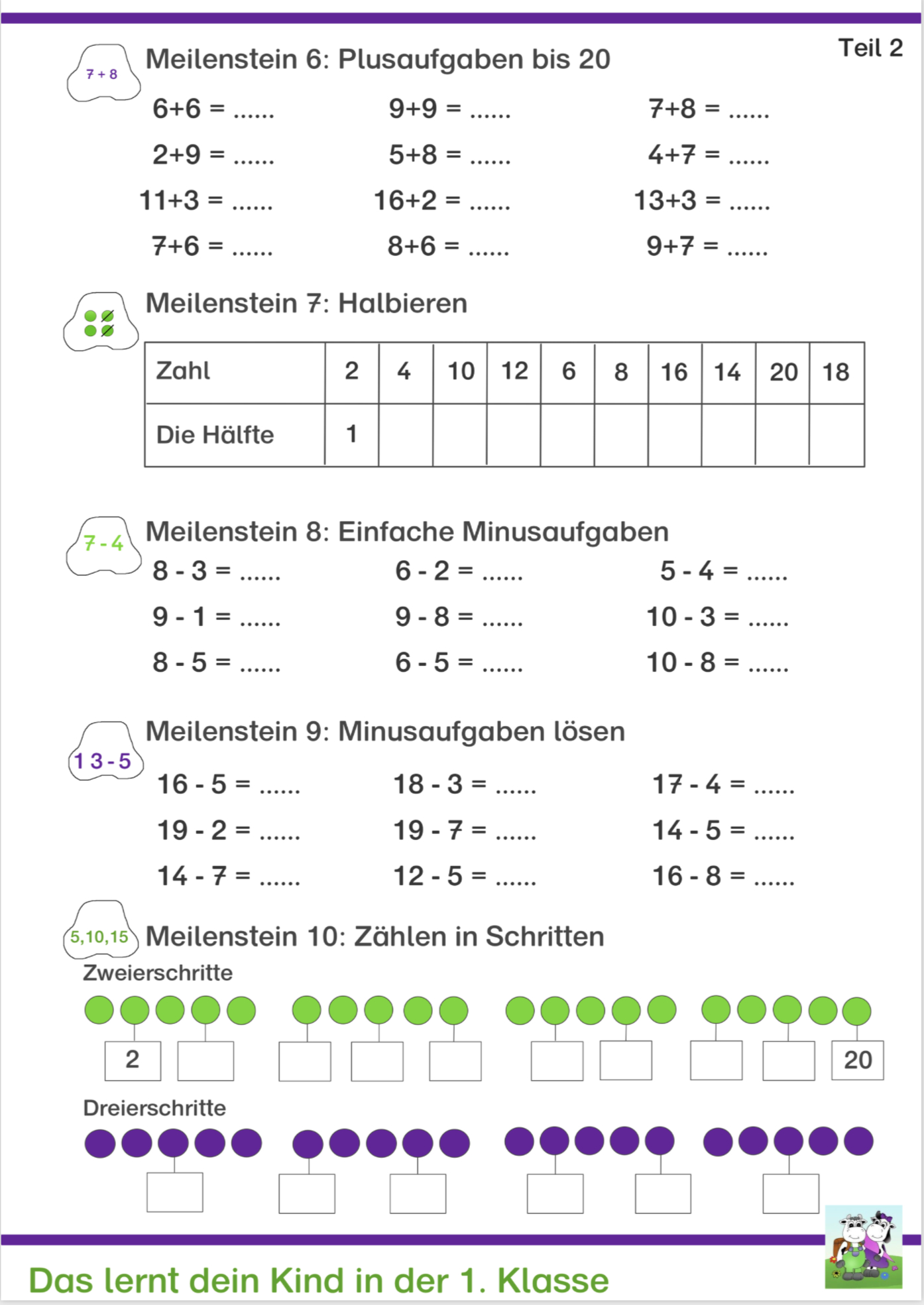 Klasse 1 - Mathe - Kostenlose Arbeitsblätter - Download für Spielerisch Rechnen Lernen Kostenlos