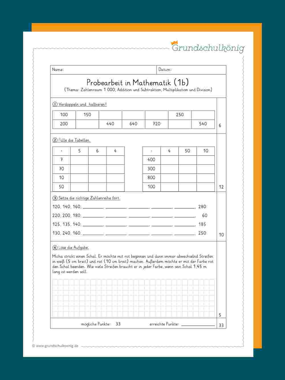 Klassenarbeiten / Proben: Mathe, 3. Klasse bei Mathematik Klasse 3 Arbeitsblätter