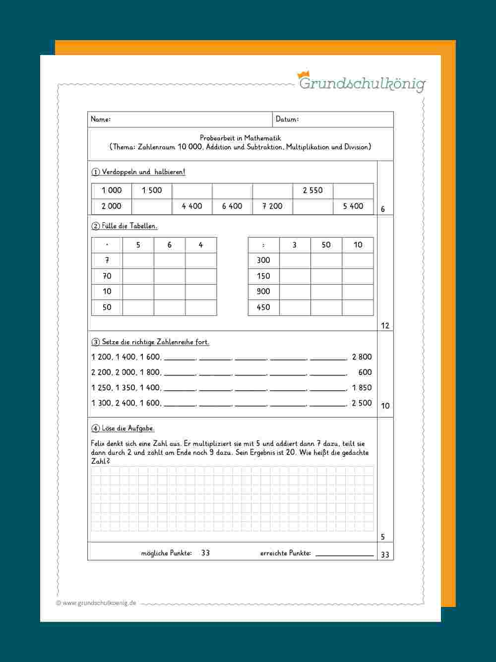 Klassenarbeiten / Proben: Mathe, 4. Klasse verwandt mit Mathematik Klasse 4 Arbeitsblätter